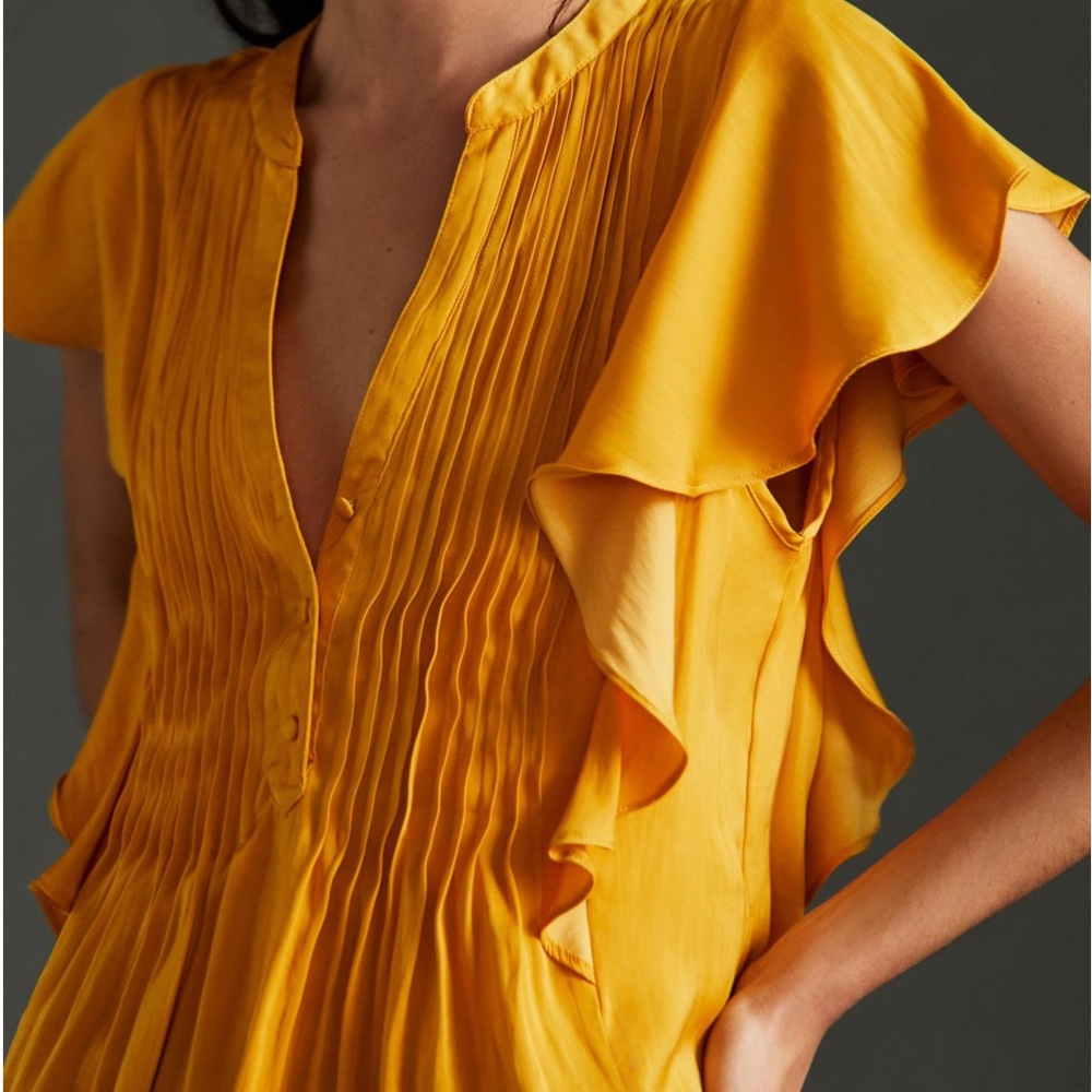 ✨ Anthropologie Ruffled Pintucked Blouse Sz MP - Picture 3 of 8